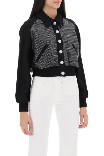 Shop Balmain Rhinestone-covered Denim Blouson Jacket For Women By  In Black