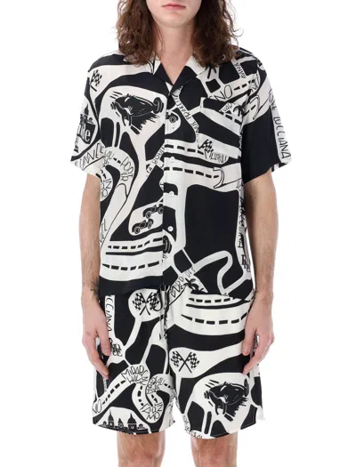 Shop Rhude Men's Silk Strada Shirt: Allover Graphic Black Print, Classic Bowling Collar