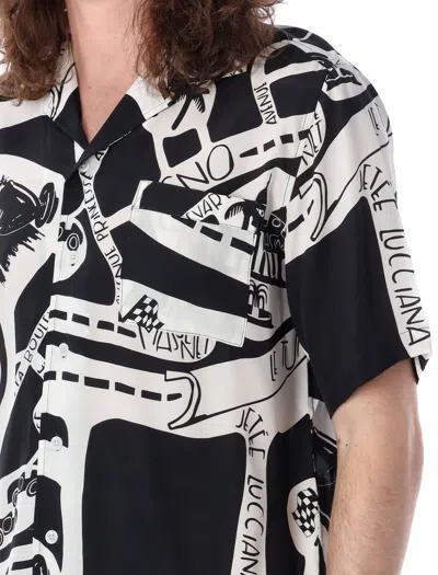 Shop Rhude Men's Silk Strada Shirt: Allover Graphic Black Print, Classic Bowling Collar
