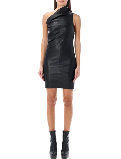 Shop Rick Owens Black Asymmetric Leather Mini Dress For Women