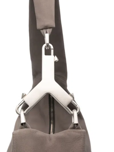 Shop Rick Owens Gray Leather Shoulder Bag With Pebbled Texture And Contrast Stitching