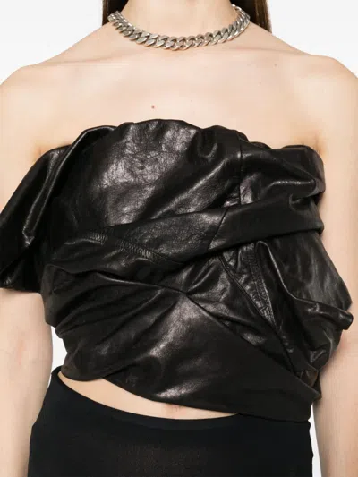 Shop Rick Owens Luxurious Black Leather Bustier With Asymmetric Draping