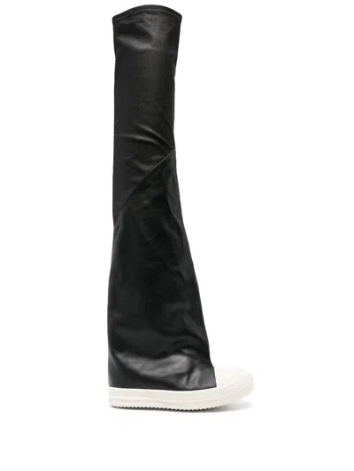 Shop Rick Owens Thigh-high Contrast-toe Leather Sneaker Boots For Women In Black
