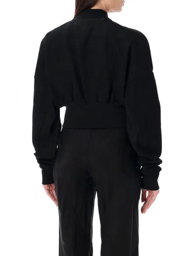 Shop Rick Owens Women's Black Cropped Leather Jacket With Zip Fastening, Ribbed Collar And Cuffs