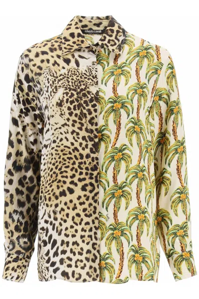 Shop Roberto Cavalli Beige Jaguar And Palm Tree Print Satin Shirt For Women