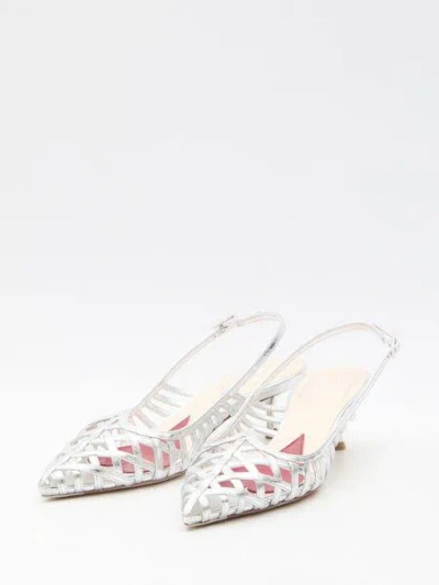 Shop Roger Vivier Silver Perforated Leather Slingback Pointed Toe Pumps For Women In Grey