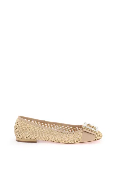 Shop Roger Vivier Tan Tres Vivier Ballerinas With Crystal Buckle And Fabric Ribbon In Beige