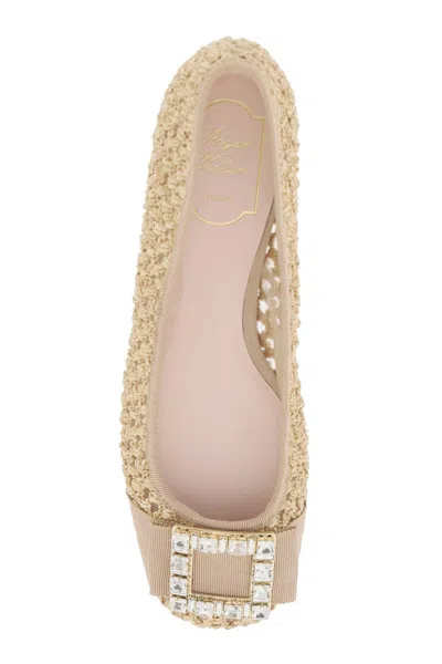 Shop Roger Vivier Tan Tres Vivier Ballerinas With Crystal Buckle And Fabric Ribbon In Beige