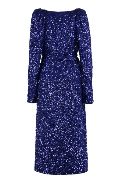 Shop Rotate Birger Christensen Blue Sequin Dress With Structured Shoulders And Coordinated Waist Belt For Women