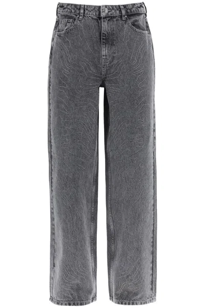 Shop Rotate Birger Christensen Grey Rhinestone Embellished Wide Leg Jeans For Women