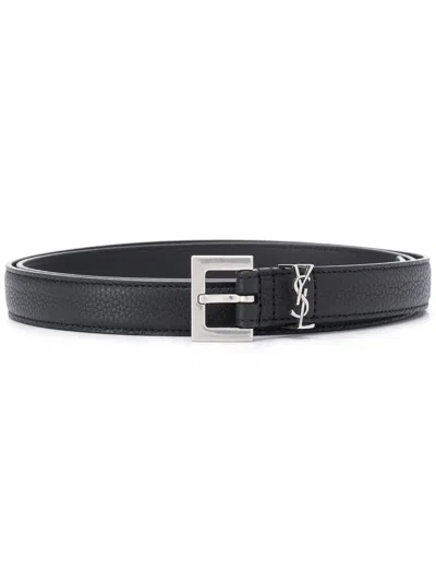 Shop Saint Laurent Adjustable Belt With Monogram Appliqué For Men In Black