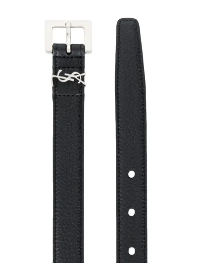 Shop Saint Laurent Adjustable Belt With Monogram Appliqué For Men In Black