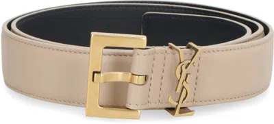 Shop Saint Laurent Monogram Dark Beige Leather Belt