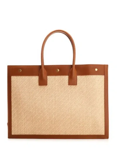 Shop Saint Laurent Beige Natural Straw And Leather Tote Handbag For Women
