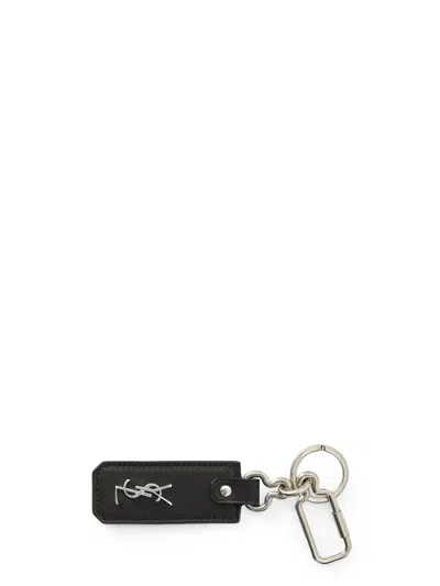 Shop Saint Laurent Black Leather Key Holder With Interlaced Logo And Twist-lock Clasp