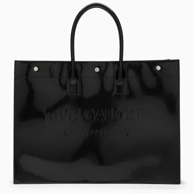 Shop Saint Laurent Black Patent Leather Rive Gauche Tote Handbag For Men