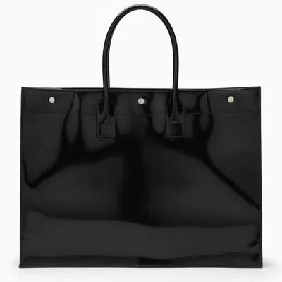 Shop Saint Laurent Black Patent Leather Rive Gauche Tote Handbag For Men