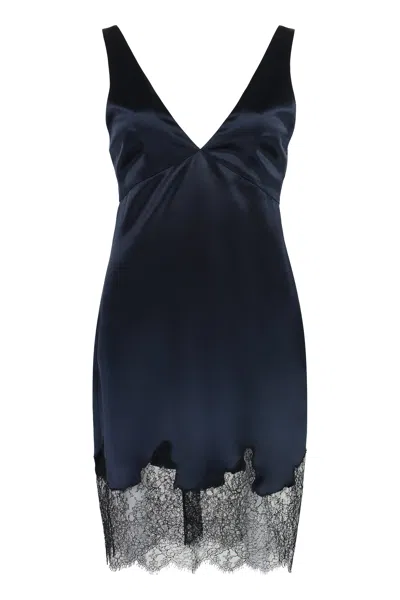 Shop Saint Laurent Blue Lace Trimmed Silk Mini Dress For Women