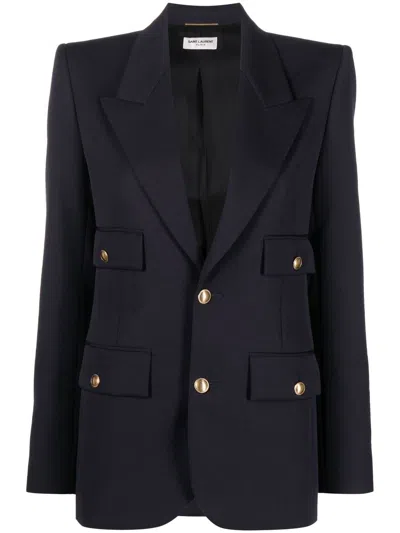 Shop Saint Laurent Blue Single-breasted Jacket With Peak Lapels And Gold-tone Hardware In Navy