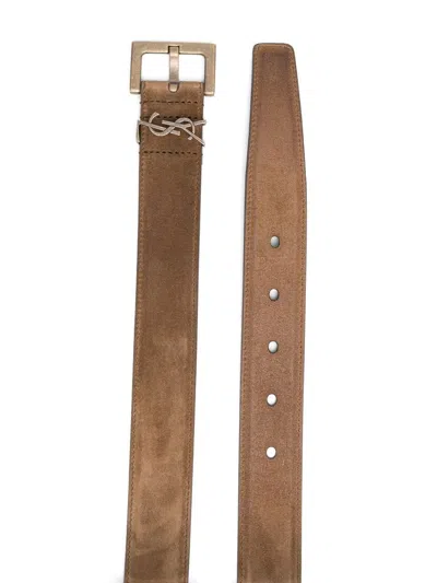 Shop Saint Laurent Brown Leather Logo Plaque Belt For Men