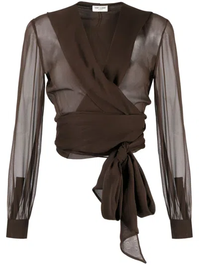 Shop Saint Laurent Brown Organic Silk Hooded Blouse For Women