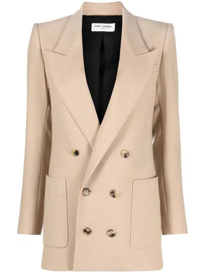 Shop Saint Laurent Double-breasted Beige Wool Gabardine Jacket For Women
