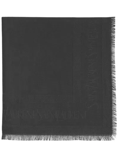 Shop Saint Laurent Frayed Black Wool Scarf With Logo Motif For Men