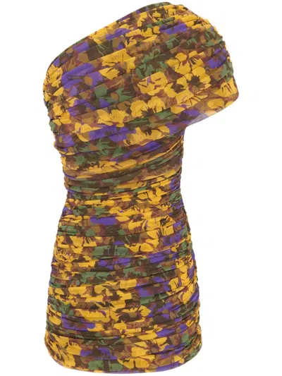 Shop Saint Laurent Floral Print Ruched Mini Dress For Women In Tan