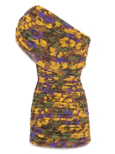 Shop Saint Laurent Floral Print Ruched Mini Dress For Women In Tan