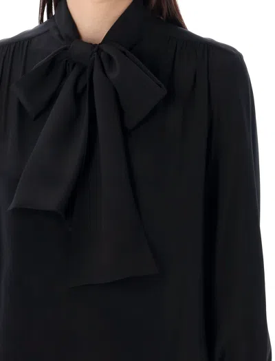 Shop Saint Laurent Luxurious Black Silk Lavallière-neck Blouse For Women