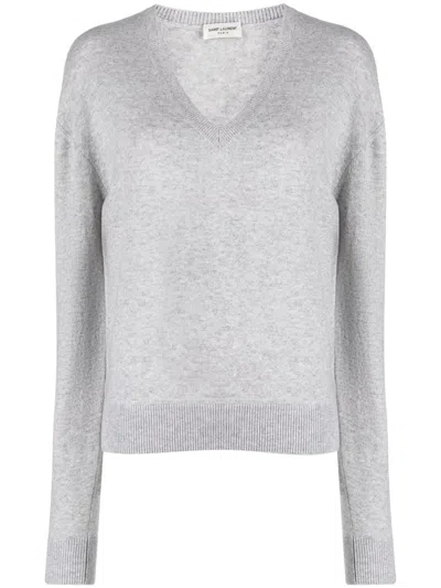 Shop Saint Laurent Luxurious Cashmere V-neck Sweater In Grey