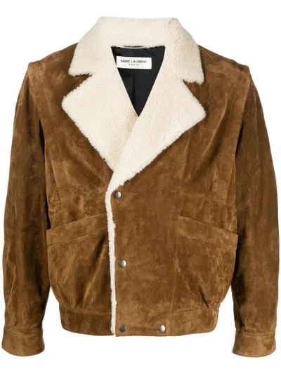Shop Saint Laurent Luxurious Double Breasted Shearling Jacket For Men In Beige
