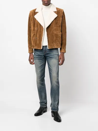 Shop Saint Laurent Luxurious Double Breasted Shearling Jacket For Men In Beige