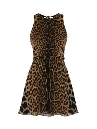 Shop Saint Laurent Luxurious Halterneck Leopard Raffia Dress For Women In Tan