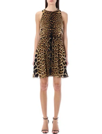 Shop Saint Laurent Luxurious Halterneck Leopard Raffia Dress For Women In Tan