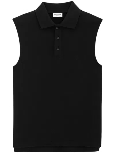 Shop Saint Laurent Men's Black Cotton Piqué Sleeveless Polo Shirt