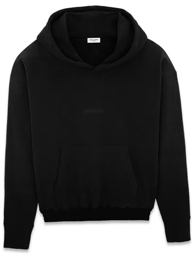 Shop Saint Laurent Men's Black Organic Cotton Hoodie With Embroidered Logo And Pouch Pocket