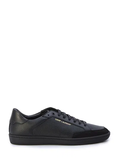 Shop Saint Laurent Men's Black Perforated Leather Sneakers With Suede Details