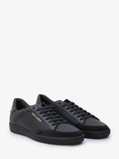 Shop Saint Laurent Men's Black Perforated Leather Sneakers With Suede Details