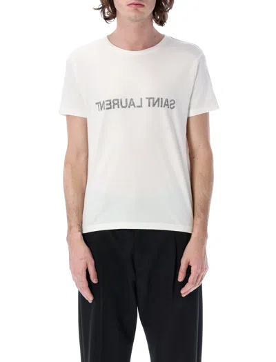 Shop Saint Laurent Men's Cotton Reverse Logo T-shirt In White