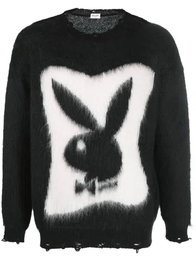 Shop Saint Laurent Men's Jacquard Playboy Mohair Knit Sweater In Noir/naturel
