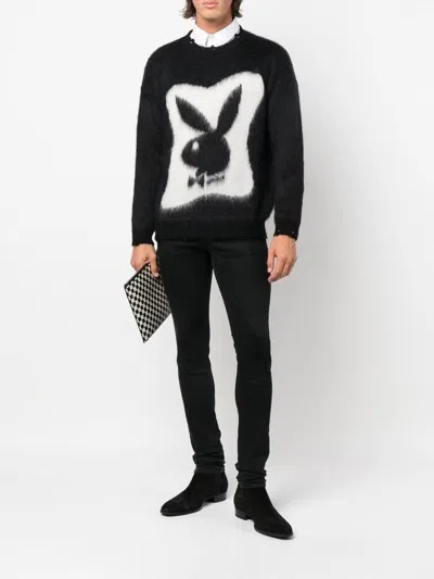 Shop Saint Laurent Men's Jacquard Playboy Mohair Knit Sweater In Noir/naturel