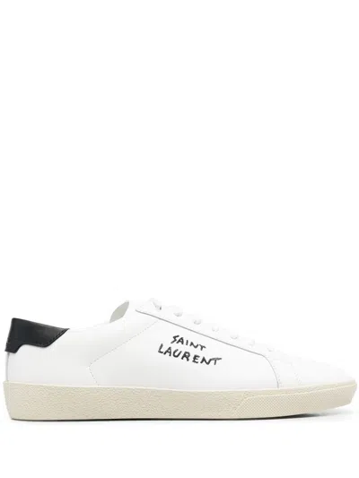 Shop Saint Laurent Mens White Leather Sneakers With Logo Detailing And Worn Laces