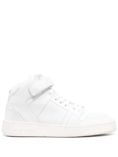 Shop Saint Laurent Optical White Leather Sneakers With Gold-tone Logo Lettering For Men
