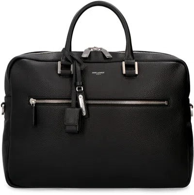 Shop Saint Laurent Premium Leather Briefcase With Logo Detail In Versatile Black