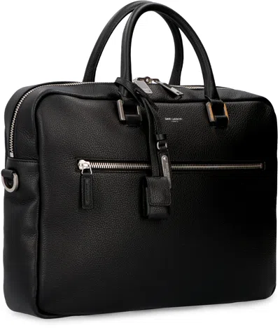 Shop Saint Laurent Premium Leather Briefcase With Logo Detail In Versatile Black