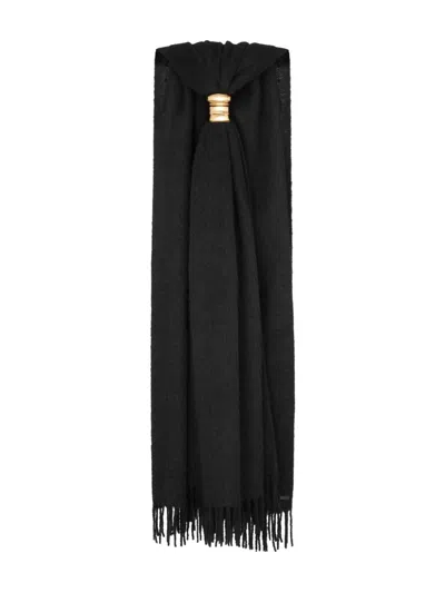 Shop Saint Laurent Ring-bound Fringed Wool Blend Scarf For Women In Black