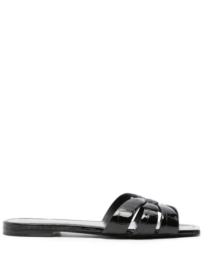 Shop Saint Laurent Chocolate Brown Leather Sandals With Tortoiseshell Effect Open Toe And Low Stacked Heel For Women In Black