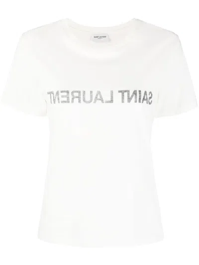 Shop Saint Laurent White Reverse Logo-print Cotton T-shirt For Women