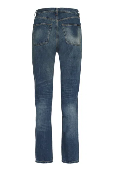 Shop Saint Laurent Women's 5-pocket Straight-leg Jeans With Contrast Stitching, Copper Metal Rivets And Button Accents  In Blue
